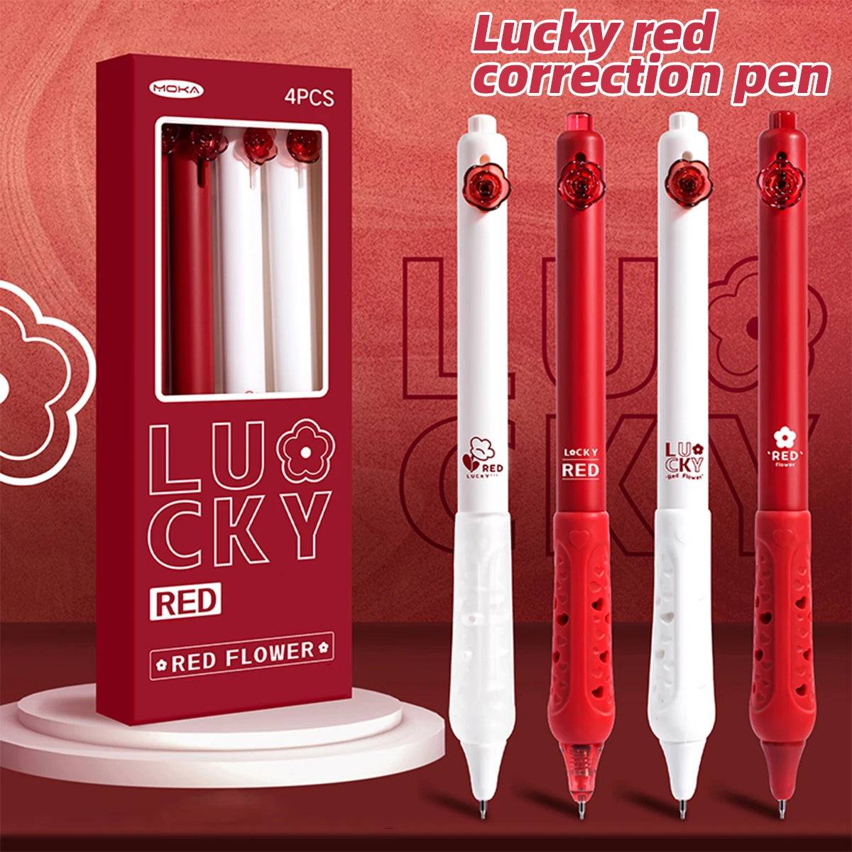 4-Pack Vintage Rose Retractable Gel Pens, 0.5mm Red Ink Quick-Dry Fine Point Pens for Office Writing Journaling Floral Aesthetic