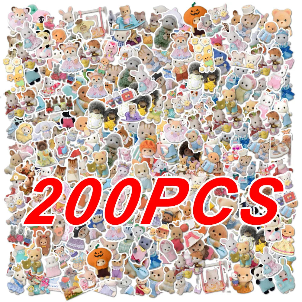 100/200pcs Kawaii Calico Critters Stickers Cute Laptop Scrapbook Graffiti Decals Skateboard Handheld  Aesthetic Sticker Toys